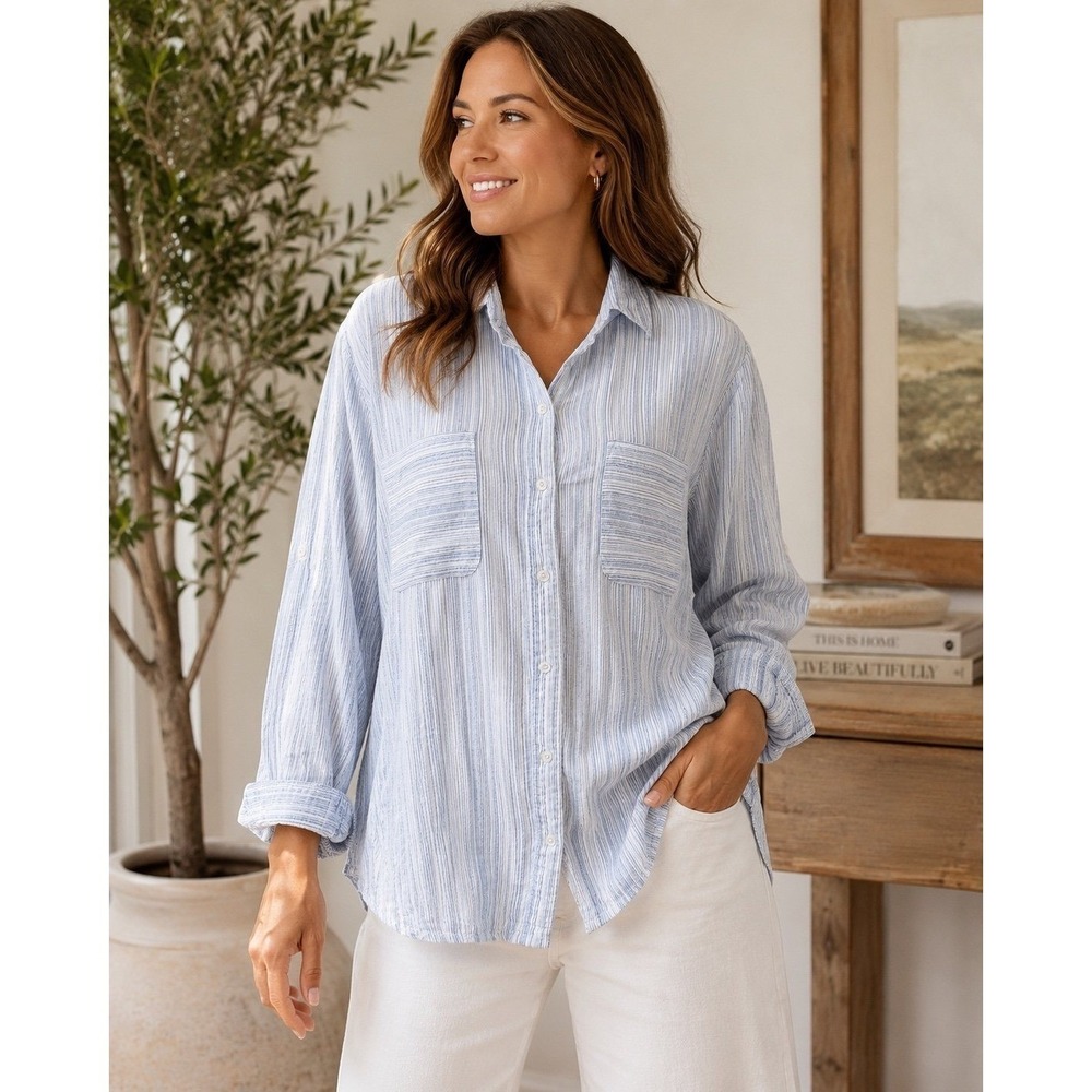 Athleta XL Blue‎ White Stripe Button Front Shirt Long Sleeve Pocket Blouse Top